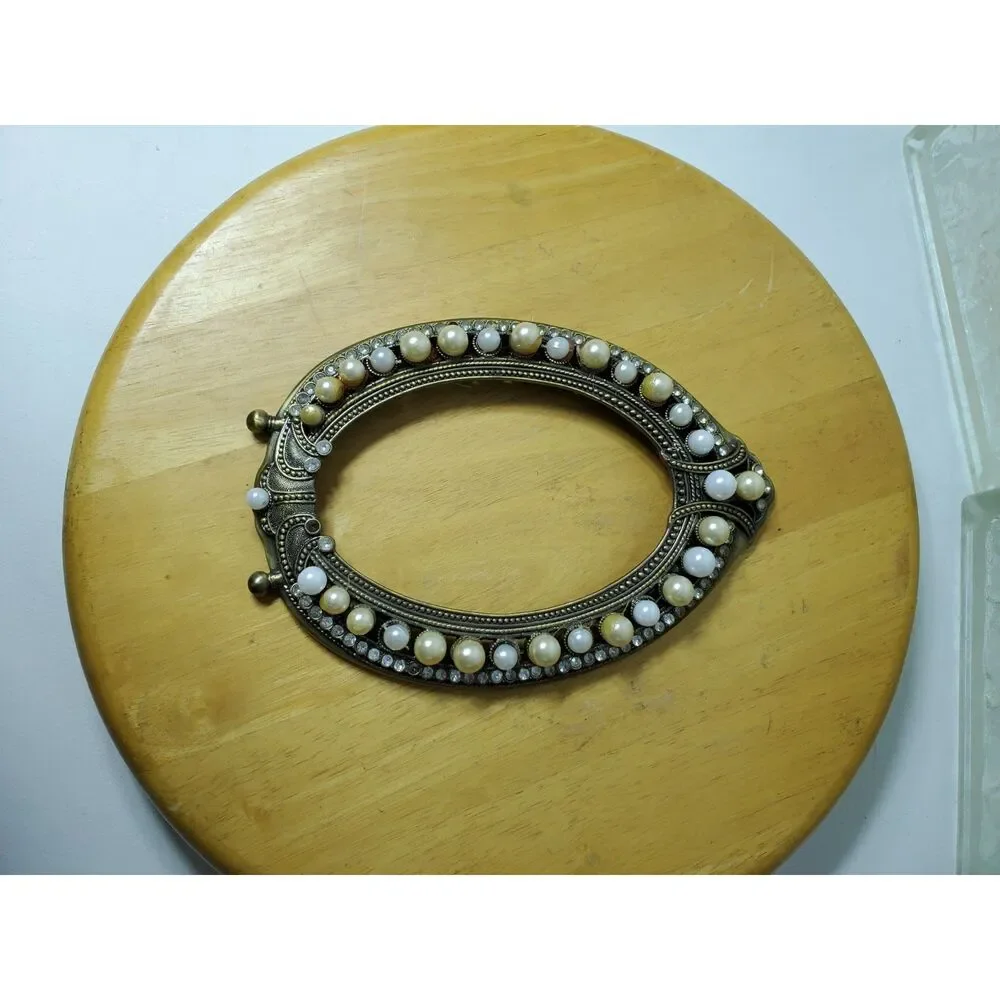 Vintage Sytle Metal Ornate Oval Frame Decorated in pearl and Crystal Accents